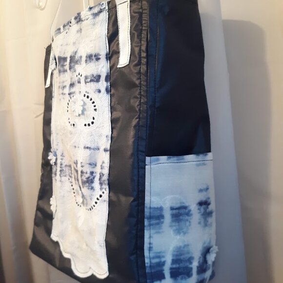New Boho Lace Tie Dye Tote Shopper shoulder Bag Double handle Blue White KeyClip - Picture 6 of 12